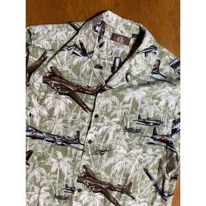 VTG KALAHEO Hawaiian Shirt L WWII Bombers Plane Palm Print USA Made Cotton Rayon